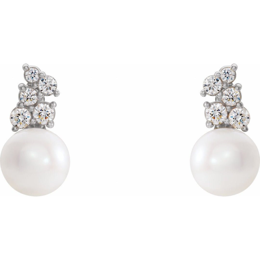 14K White Gold Cultured Freshwater Pearl & Diamond Earrings