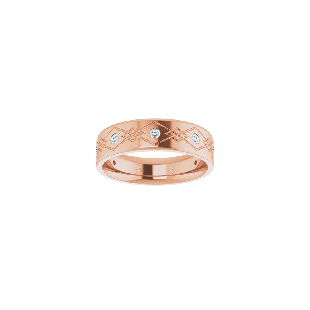 18K Rose Gold Diamond Accented Pattern Band 6.00 mm